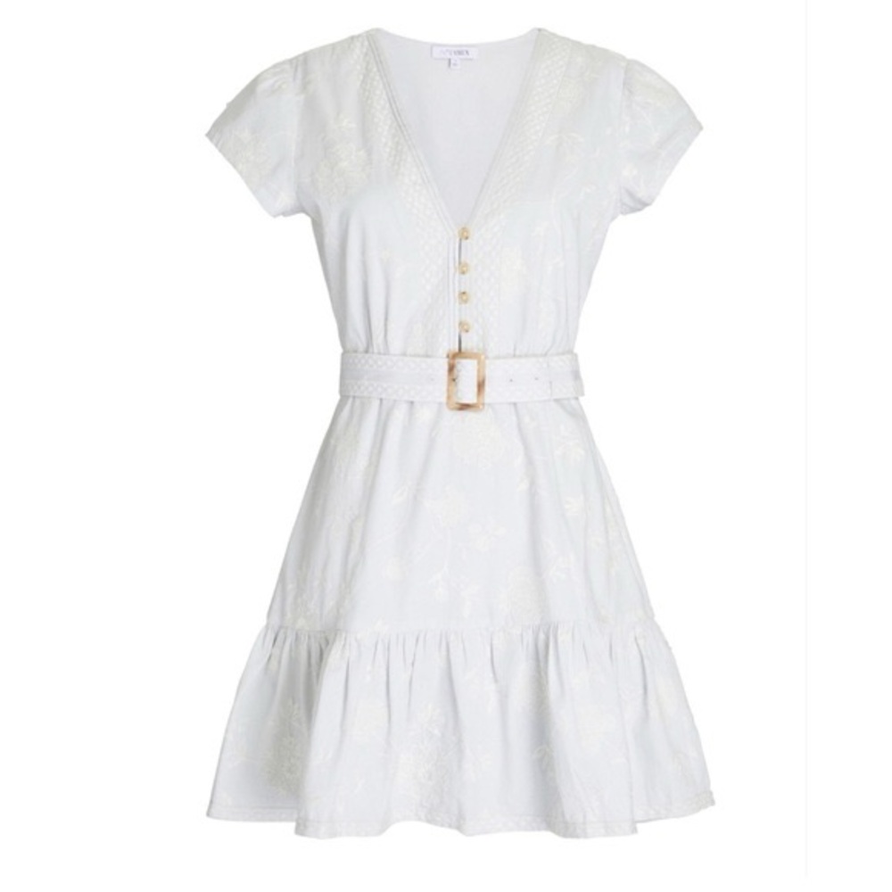 INTERMIX White/Light Gray Embroidered Belted Mini Dress